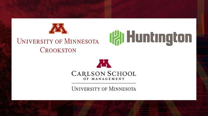 The logos of University of Minnesota Crookston, Huntington Bank, and the Carlson School of Management