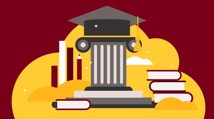Graduation cap on column surrounded by books and bar chart graphic illustration.