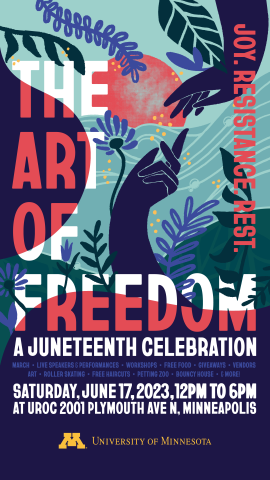 University of Minnesota Juneteenth celebration poster with illustration of one hand reaching for another.