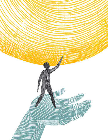 Illustration of person reaching for the sun while standing in an open hand.