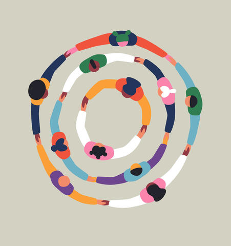 Colorful illustration of people holding hands in three concentric circles.