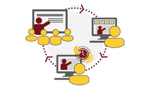 Maroon and gold illustration of hybrid learning at the Carlson School