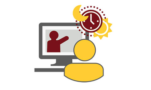 Maroon and gold illustration of online learning at the Carlson School
