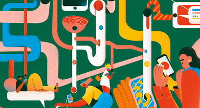 Colorful illustration of people watching their phone screens