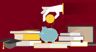 Graphic of a hand dropping a coin into a piggy bank, surrounded by books.