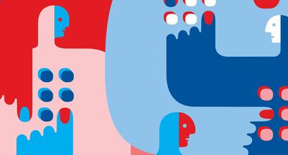 Colorful blue, red, and pink abstract illustration of hands and faces.