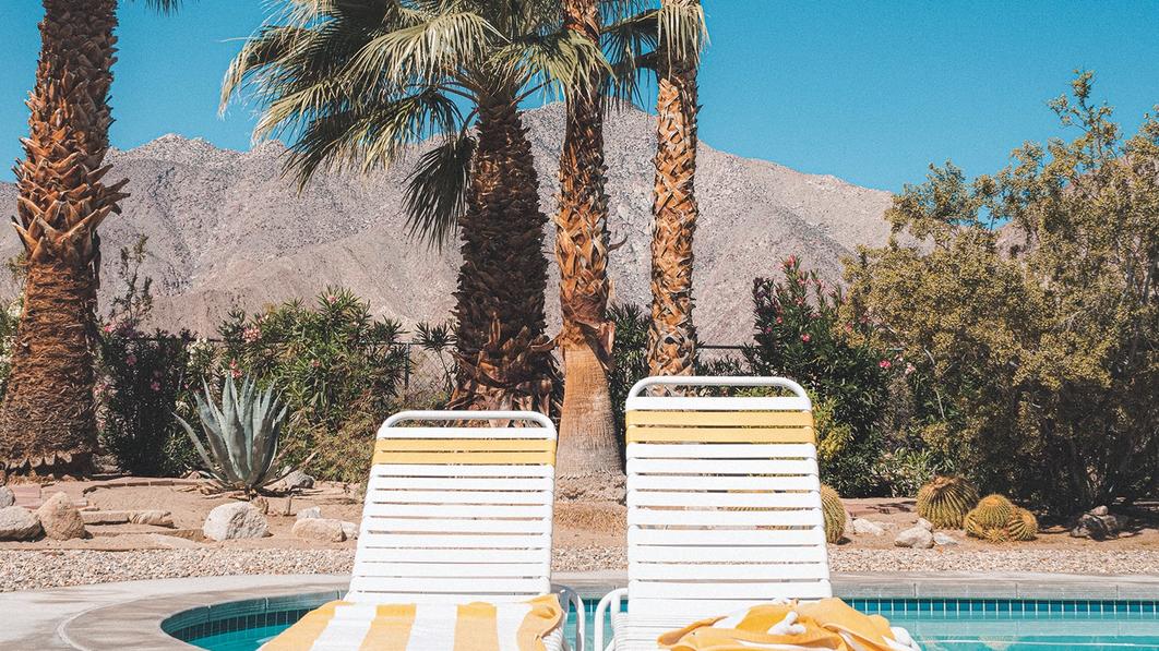 Two white and yellow lounge chairs in front of a pool and palm trees in the Palm Desert